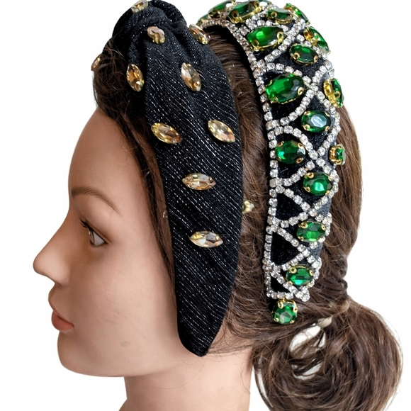 Set of 2 Jeweled Headbands Black Velvet Emerald Green Rhinestone Luxe Glam main image 6